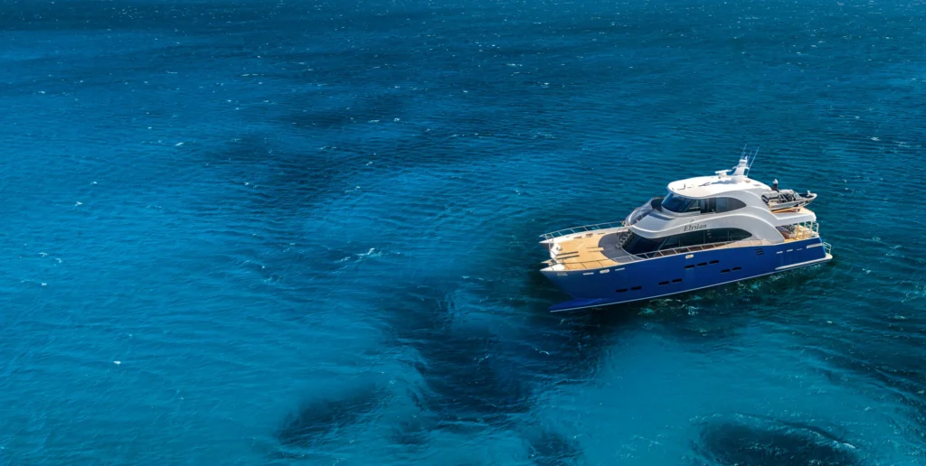 An aerial view of the Elysian, a catamaran crafted by Bundaberg boat builders Mason Marine