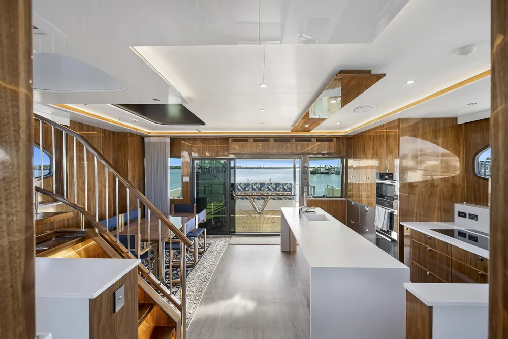 Interior kitchen view of a catamaran built by Mason Marine Industries