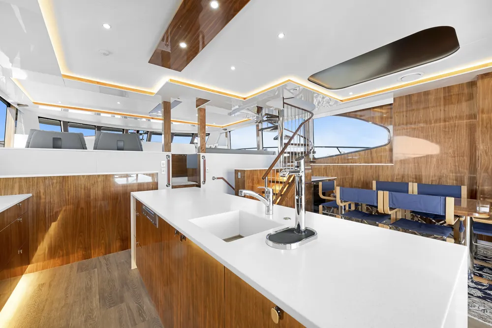 Interior living view of a catamaran built by Mason Marine Industries