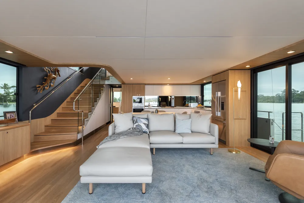 Interior lunge view of a houseboat built by Mason Marine Industries