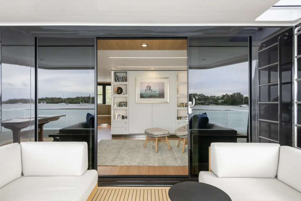 Exterior lounge view of a houseboat built by Mason Marine Industries